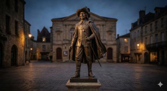 Statue de bronze de Cyrano de Bergerac sur une place historique du vieux Bergerac, de nuit avec des lampes à gaz