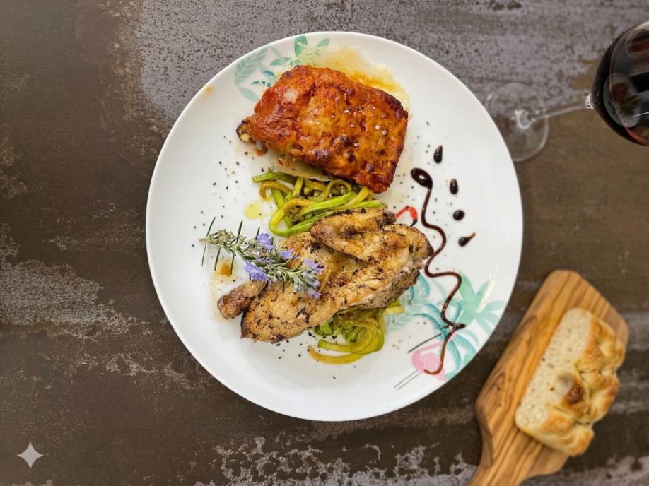 Coquelets en crapaudine marinés au citron vert, rollatini d'aubergine et spaghettis de courgettes niçoise, plat gastronomique au Clos de Cyrano, Dordogne