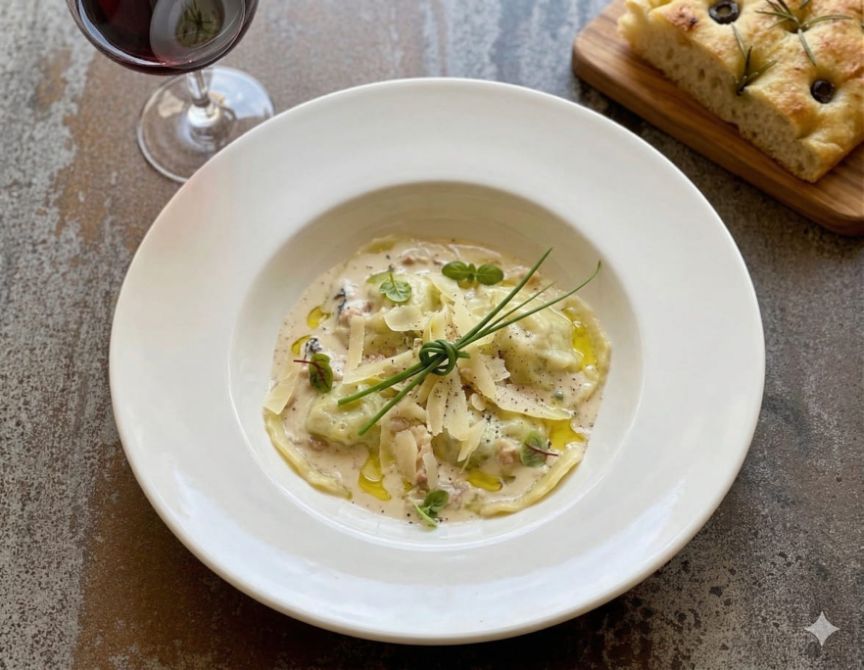 Ravioles monégasques maison avec sauce noix madérisée, entrée gastronomique au Clos de Cyrano, Dordogne"