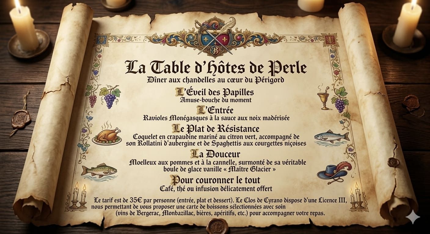 Parchemin ancien illustrant le menu gastronomique et romantique de la table d'hôtes de Perle au domaine Le Clos de Cyrano en Dordogne.