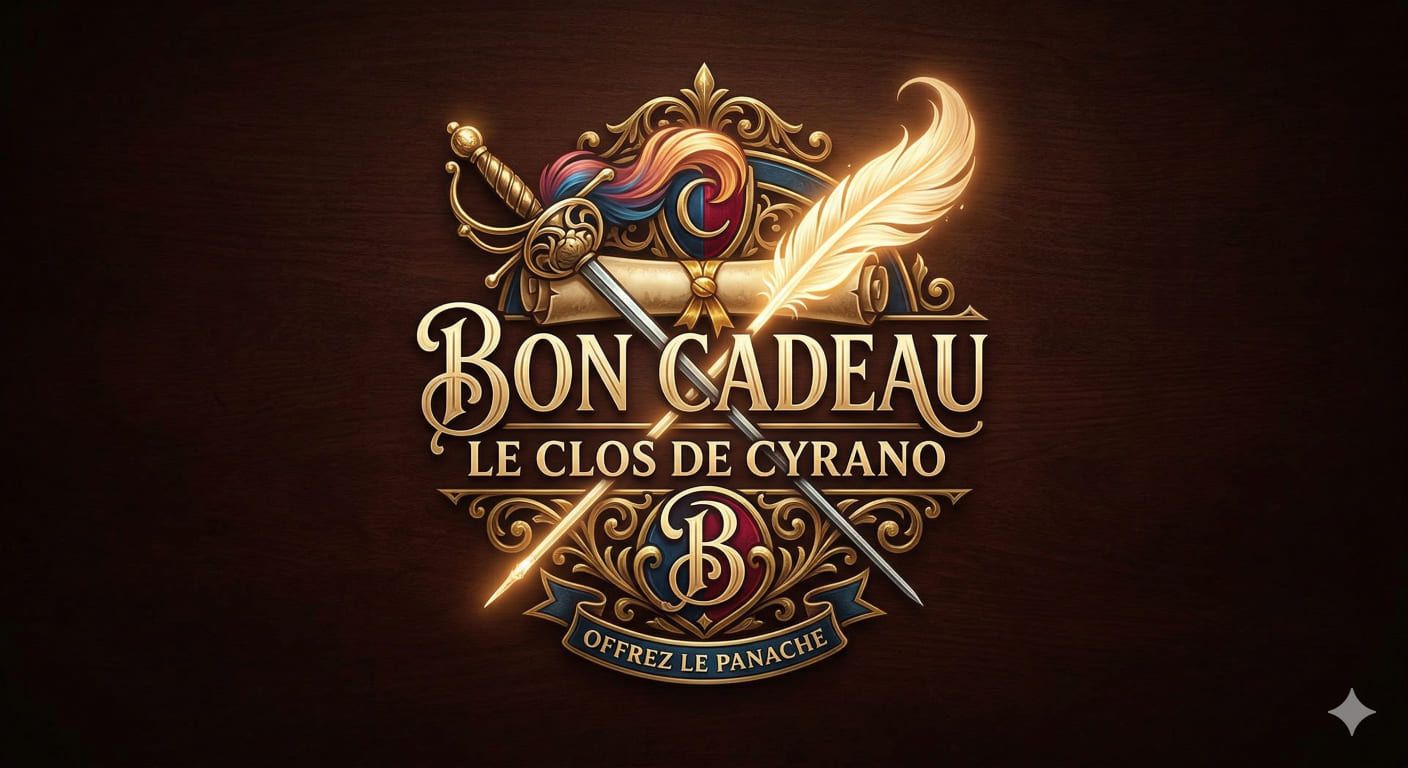 Blason doré avec parchemin, plume lumineuse et épée, illustrant le bon cadeau du domaine Le Clos de Cyrano pour un séjour insolite et romantique en Dordogne.