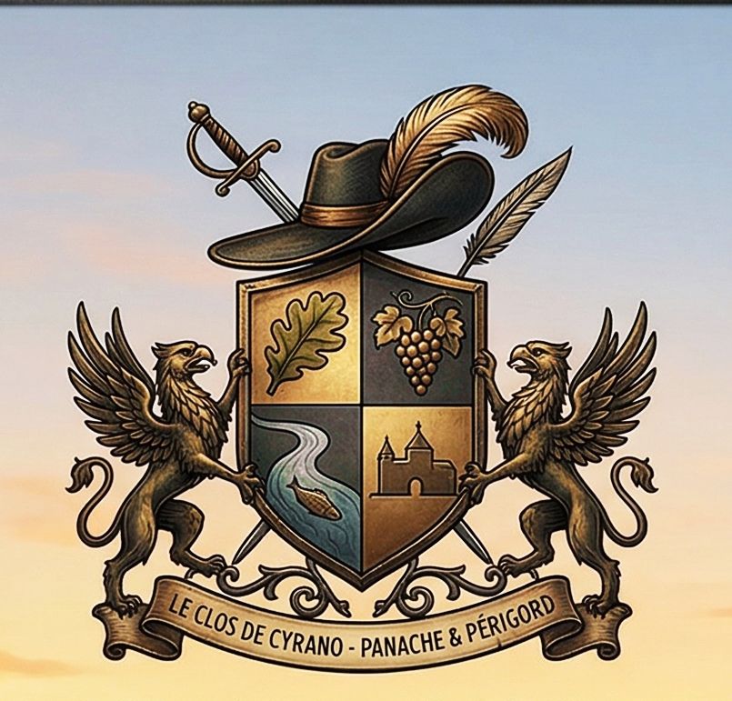"Cadre doré de style Louis XIV renfermant une plume lumineuse et une épée de mousquetaire, symboles du panache et de la poésie du domaine Le Clos de Cyrano en Dordogne."