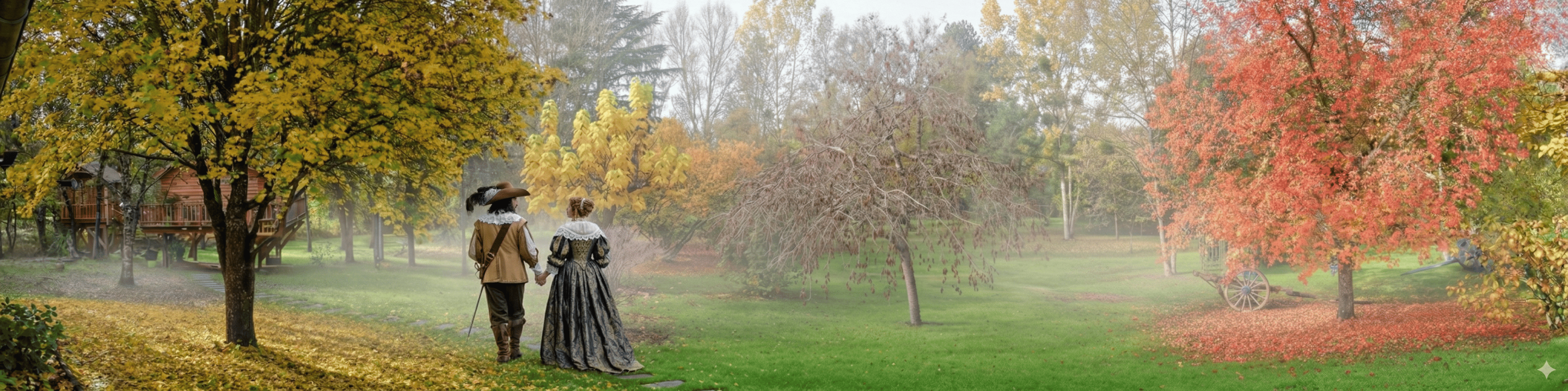 parc arboré et verdoyant du Clos de Cyrano en Dordogne, avec ses arbres et sa rivière Pêcheur de Lune au printemps, illustrant une nature apaisante pour un séjour romantique