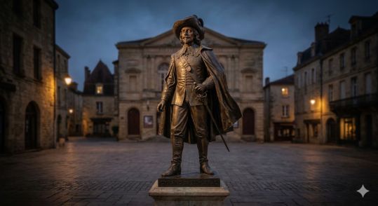 Statue de bronze de Cyrano de Bergerac sur une place historique du vieux Bergerac, de nuit avec des lampes à gaz